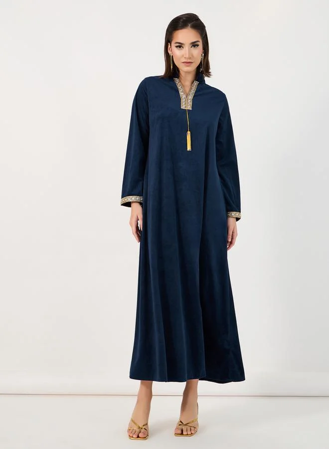 Styli Velvet Look Jalabiya with Lace Trim