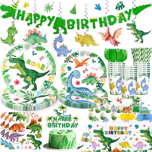 cocomigo 175pcs Dinosaur Birthday Decorations Include Dinosaur Plates and Napkins Set Banner Hanging Tablecloth Cake Topper Table Decor for Boy Birthday Decorations and Dinosaur Theme Party Serves 25 - Image 1