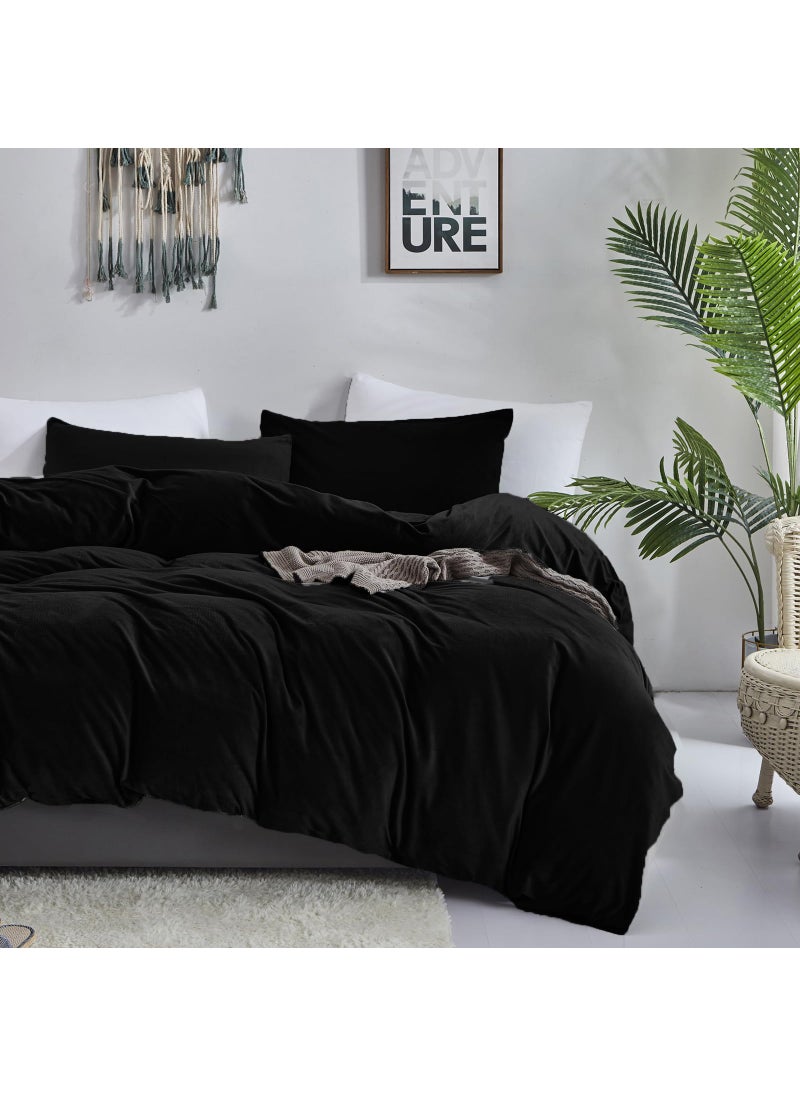 Cottonight Cottonight Black Velvet Comforter Set King Black Flannel Bedding Comforter Set Dark Color All Black Plush Fluffy Blanket Quilts Modern Winter Warm Thick 3 Piece Soft Solid Black Bedding Set  - Image 3