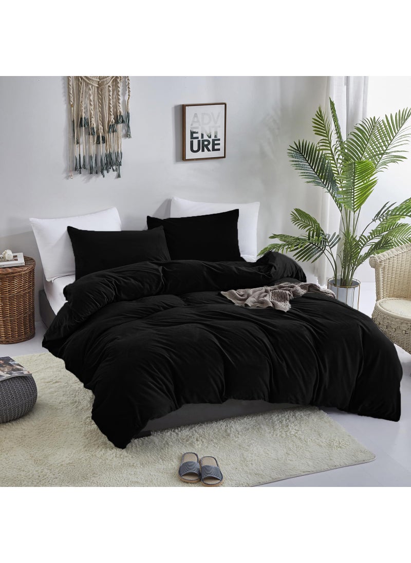 Cottonight Cottonight Black Velvet Comforter Set King Black Flannel Bedding Comforter Set Dark Color All Black Plush Fluffy Blanket Quilts Modern Winter Warm Thick 3 Piece Soft Solid Black Bedding Set  - Image 4