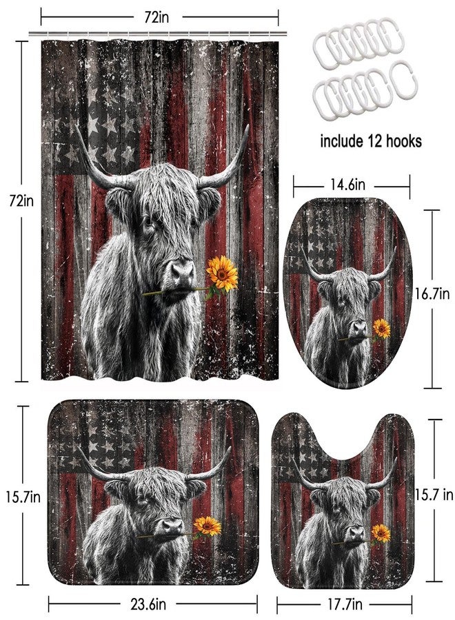 Bribay 4 Piece Shower Curtain Set, Farm Highland Cow American Flag Waterproof Bathroom Set Accessories with Non-Slip Rugs, Toilet Lid Cover Bath Mat and 12 Hooks, Buffalo Bull Home Decor 72" x 72" - Image 2