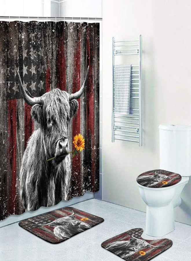 Bribay 4 Piece Shower Curtain Set, Farm Highland Cow American Flag Waterproof Bathroom Set Accessories with Non-Slip Rugs, Toilet Lid Cover Bath Mat and 12 Hooks, Buffalo Bull Home Decor 72" x 72" - Image 1