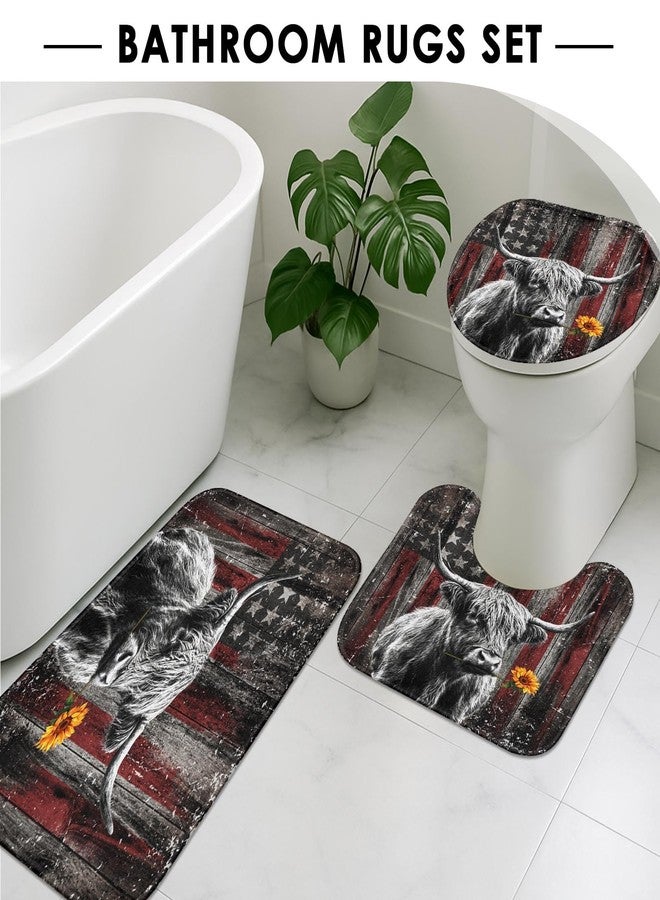 Bribay 4 Piece Shower Curtain Set, Farm Highland Cow American Flag Waterproof Bathroom Set Accessories with Non-Slip Rugs, Toilet Lid Cover Bath Mat and 12 Hooks, Buffalo Bull Home Decor 72" x 72" - Image 5