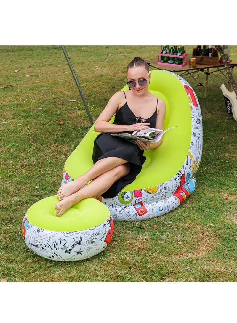 Inflatable Chair and Footrest Set (2 Pieces) - Velvet Lounge Sofa for Living Room, Camping, Beach - Multicolor (With Blower Gift) (Green 1) - Image 5