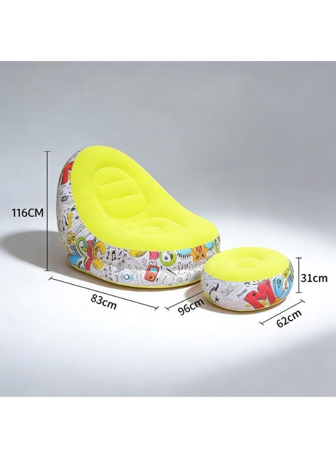Inflatable Chair and Footrest Set (2 Pieces) - Velvet Lounge Sofa for Living Room, Camping, Beach - Multicolor (With Blower Gift) (Green 1) - Image 2