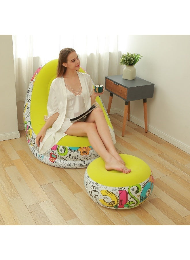 Inflatable Chair and Footrest Set (2 Pieces) - Velvet Lounge Sofa for Living Room, Camping, Beach - Multicolor (With Blower Gift) (Green 1) - Image 3