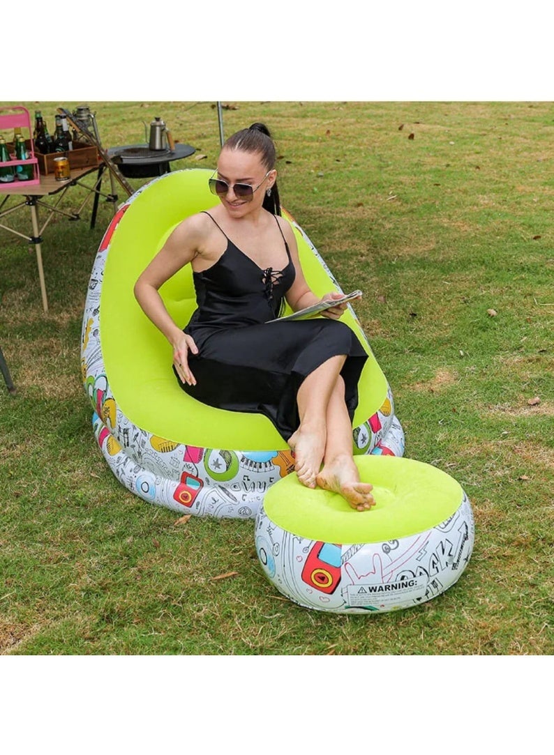Inflatable Chair and Footrest Set (2 Pieces) - Velvet Lounge Sofa for Living Room, Camping, Beach - Multicolor (With Blower Gift) (Green 1) - Image 4