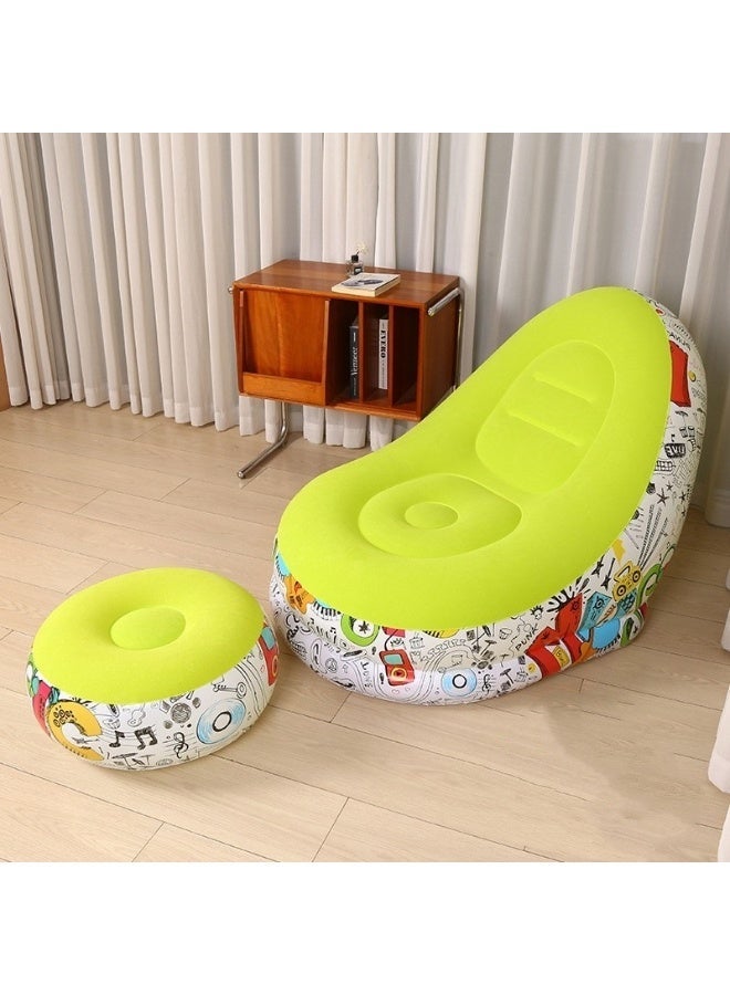 Inflatable Chair and Footrest Set (2 Pieces) - Velvet Lounge Sofa for Living Room, Camping, Beach - Multicolor (With Blower Gift) (Green 1) - Image 1