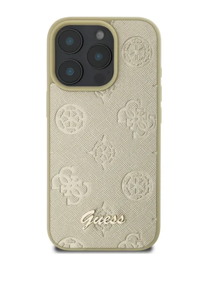 GUESS iPhone 16 Pro Max PU Case With Peony Hot Stamp and Metal Script Logo / Ultimate Protection / Durable Back Cover - Gold