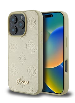 GUESS iPhone 16 Pro Max PU Case With Peony Hot Stamp and Metal Script Logo / Ultimate Protection / Durable Back Cover - Gold  - Image 4