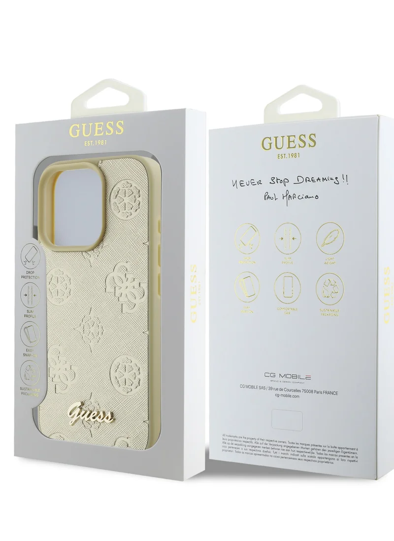 GUESS iPhone 16 Pro Max PU Case With Peony Hot Stamp and Metal Script Logo / Ultimate Protection / Durable Back Cover - Gold