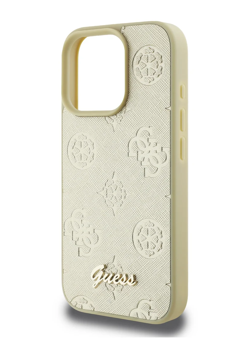 GUESS iPhone 16 Pro Max PU Case With Peony Hot Stamp and Metal Script Logo / Ultimate Protection / Durable Back Cover - Gold