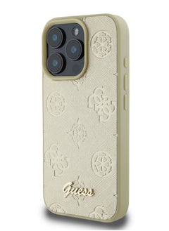 GUESS iPhone 16 Pro Max PU Case With Peony Hot Stamp and Metal Script Logo / Ultimate Protection / Durable Back Cover - Gold  - Image 2