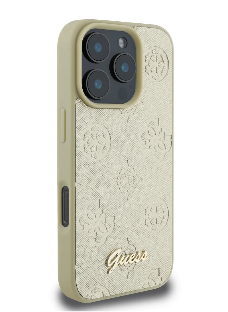 GUESS iPhone 16 Pro Max PU Case With Peony Hot Stamp and Metal Script Logo / Ultimate Protection / Durable Back Cover - Gold
