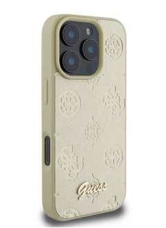 GUESS iPhone 16 Pro Max PU Case With Peony Hot Stamp and Metal Script Logo / Ultimate Protection / Durable Back Cover - Gold  - Image 3
