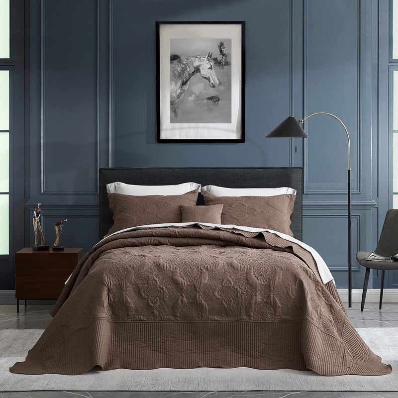HZ & HY HZ  HY Oversized King Bedspread 138x122 Extra Wide Quilted Coverlet Bedding Set Lightweight Thin Comforter Reversible 5 Piece 100 Microfiber CaliforniaAlaskan King Mocha 