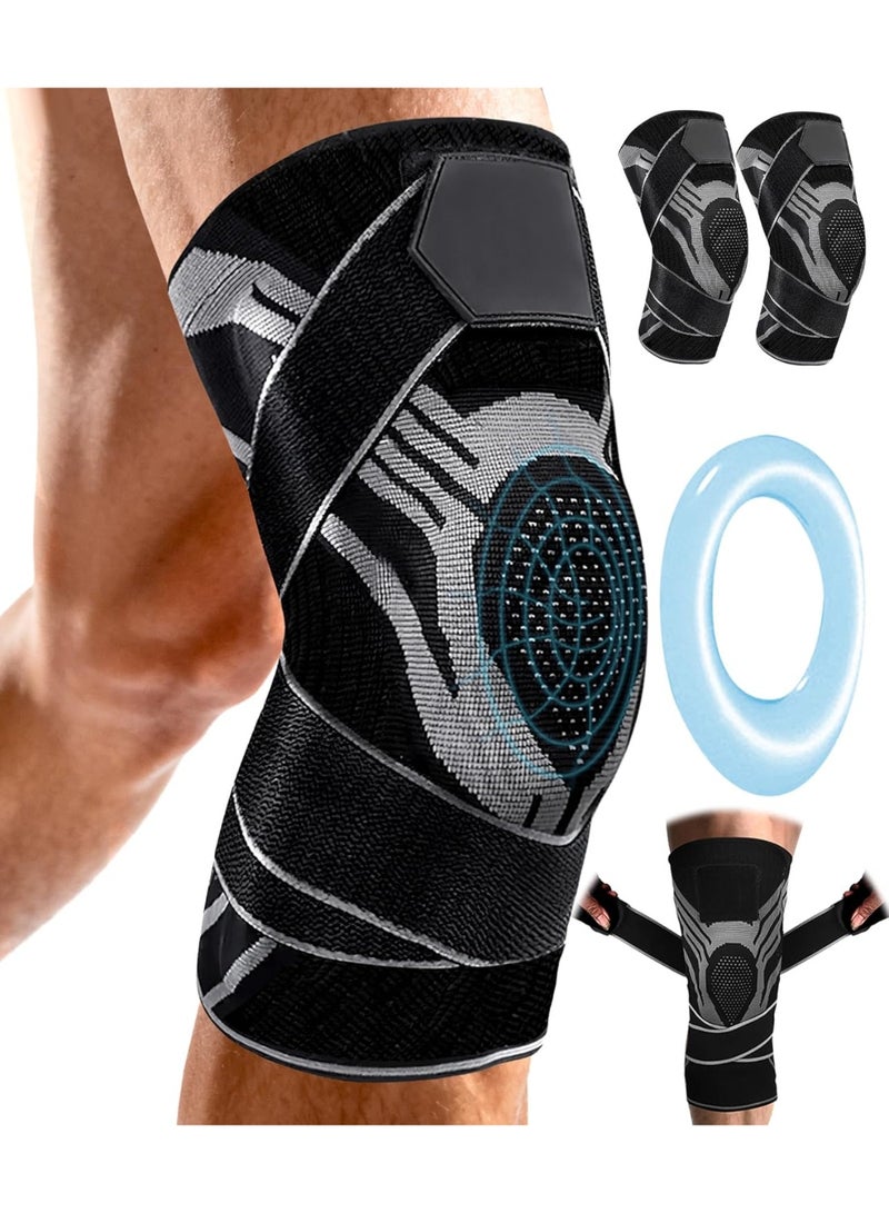 Bukela 2 Pieces  Adjustable Strap Knee Support Brace Unisex Compression Knee Pad For Joint Pain Recovery Fitness Outdoor Sports  Large Size - Image 1