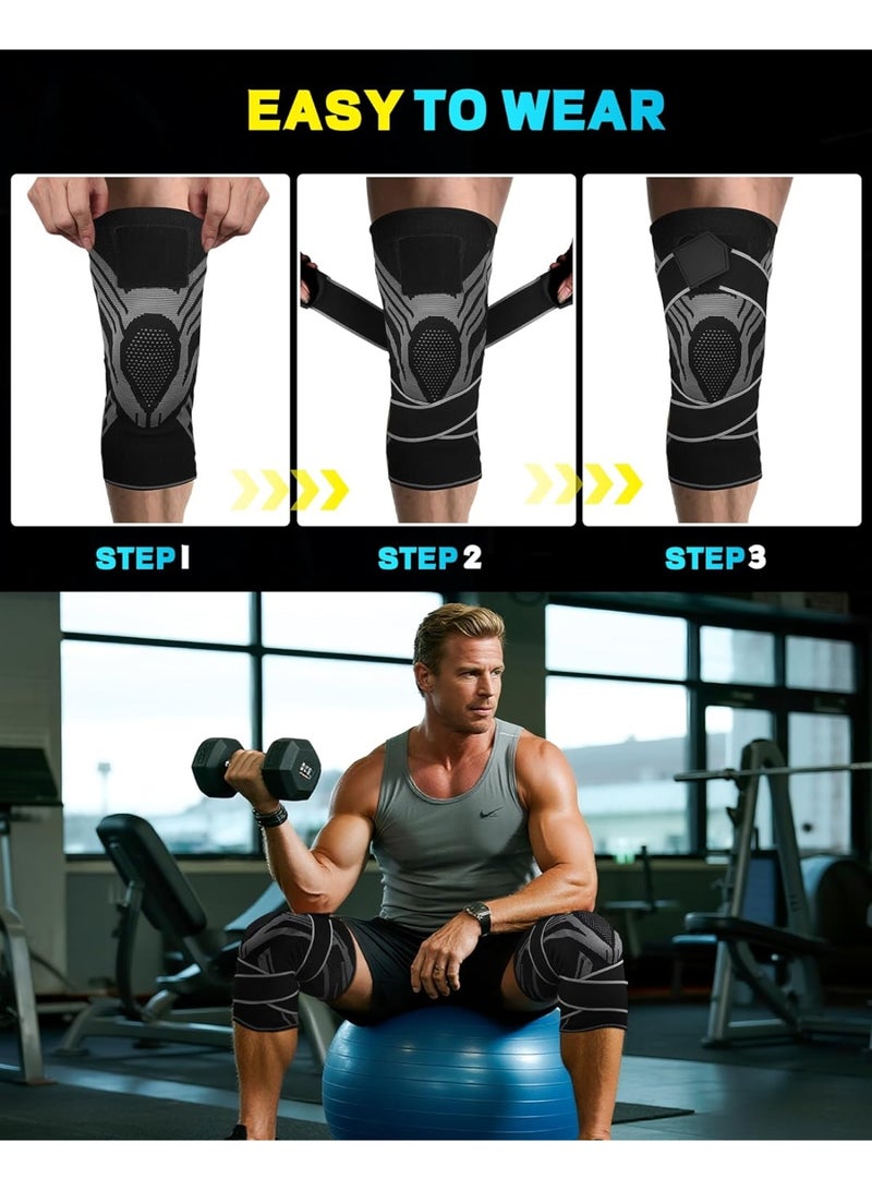 Bukela 2 Pieces  Adjustable Strap Knee Support Brace Unisex Compression Knee Pad For Joint Pain Recovery Fitness Outdoor Sports  Large Size - Image 2