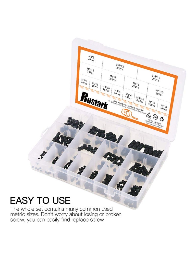 Rustark Rustark 450Pcs M3/M4/M5/M6/M8 Allen Head Socket Hex Grub Screw Set Assortment Kit with Internal Hex Drive - 12.9 Class Black Alloy Steel  - Image 5