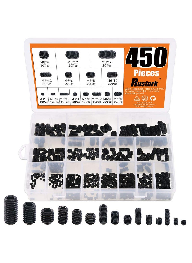 Rustark Rustark 450Pcs M3/M4/M5/M6/M8 Allen Head Socket Hex Grub Screw Set Assortment Kit with Internal Hex Drive - 12.9 Class Black Alloy Steel  - Image 1