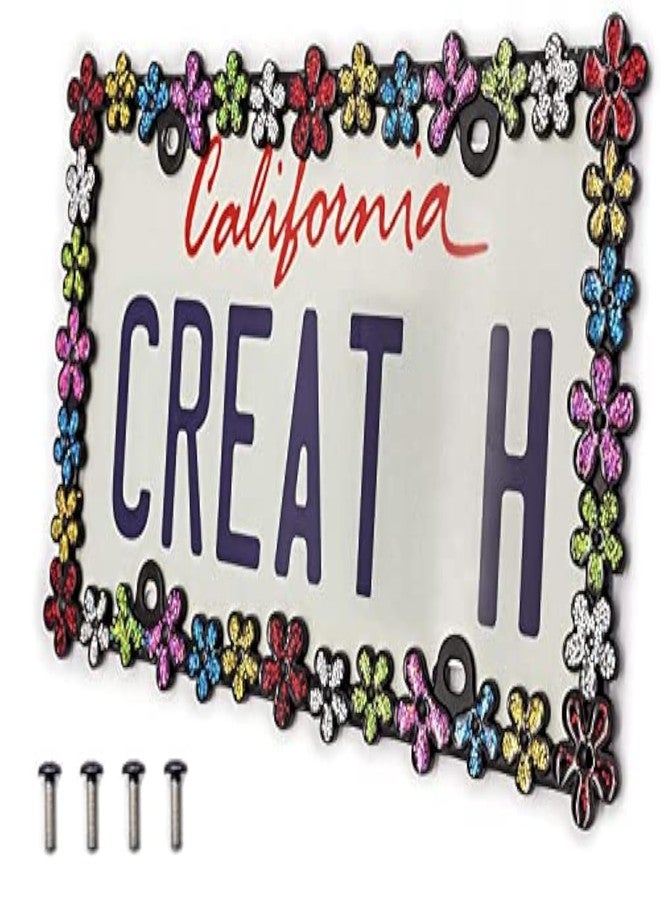 Creathome 3D Shining Daisy Wrenth License Plate Frame from Pure Zinc Alloy Metal Perfect Plate Holder, Matt Black with Colorful Glitter - Image 1