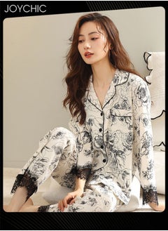 2-piece New Style Graphic Printed Ice Silk Cool and Sweat-absorbent Pajamas for Women Long-sleeved +Trousers Set Spring Summer Autumn Thin Lace Nightgown Ladies Bedroom Sleepwear