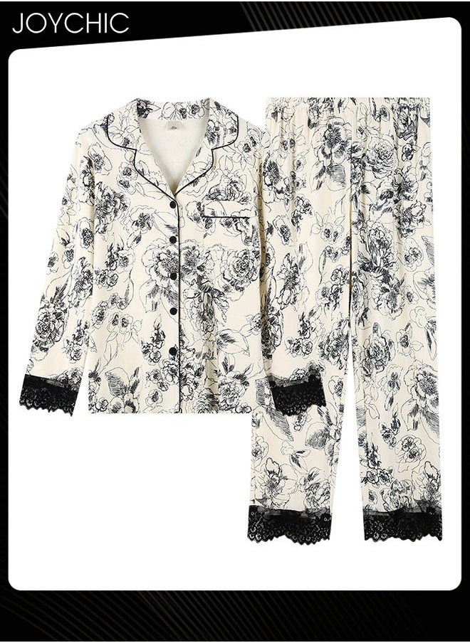 Joychic - 2-piece New Style Graphic Printed Ice Silk Cool and Sweat-absorbent Pajamas for Women Long-sleeved +Trousers Set Spring Summer Autumn Thin Lace Nightgown Ladies Bedroom Sleepwear - Image 1