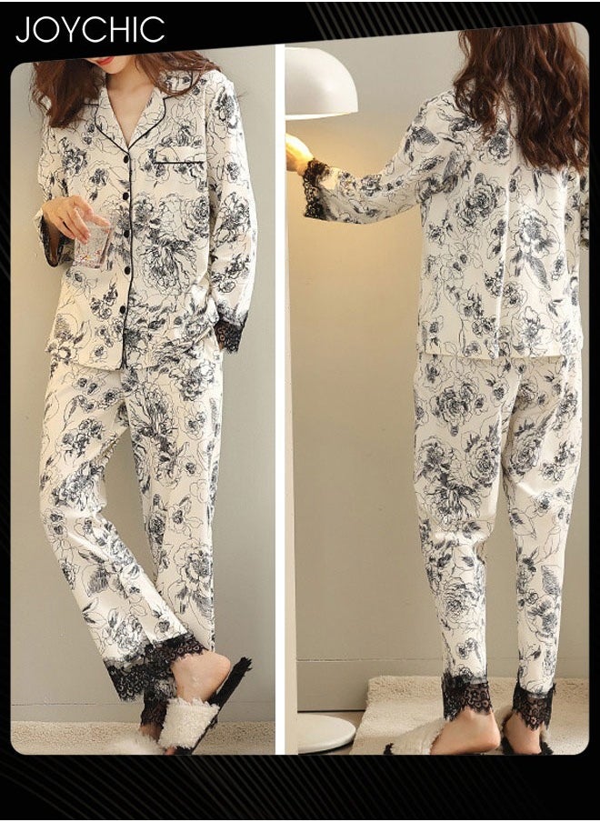 Joychic - 2-piece New Style Graphic Printed Ice Silk Cool and Sweat-absorbent Pajamas for Women Long-sleeved +Trousers Set Spring Summer Autumn Thin Lace Nightgown Ladies Bedroom Sleepwear - Image 1