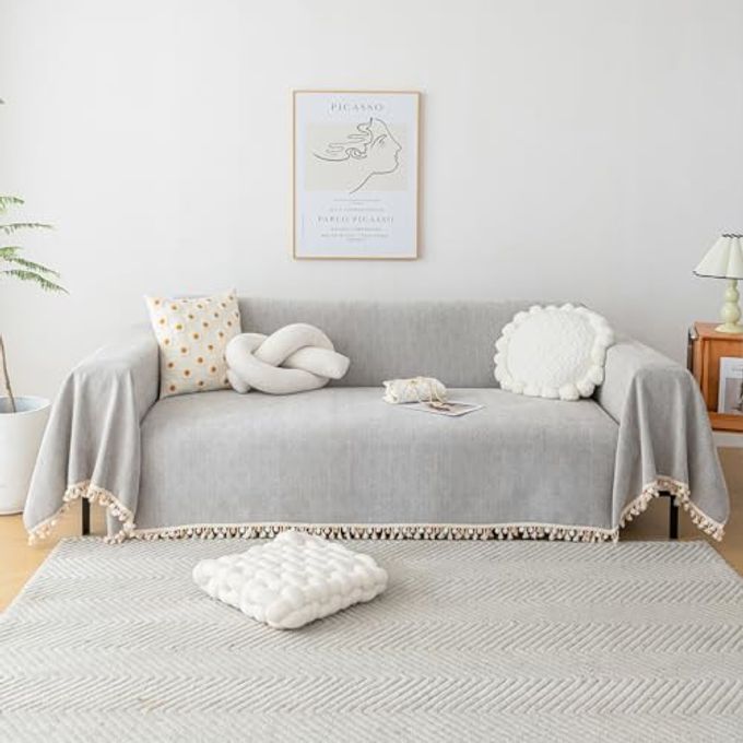 GREY SOFA COVER FOR COUCH BOHO COUCH COVER FOR 3 SEAT DOG COUCH COVER LOVE SEAT COUCH COVERS LIGHT GREY SECTIONAL COVER 71 X134 TASSEL CHENILLE HERRINGBONE SOFA COVERS WASHABLE