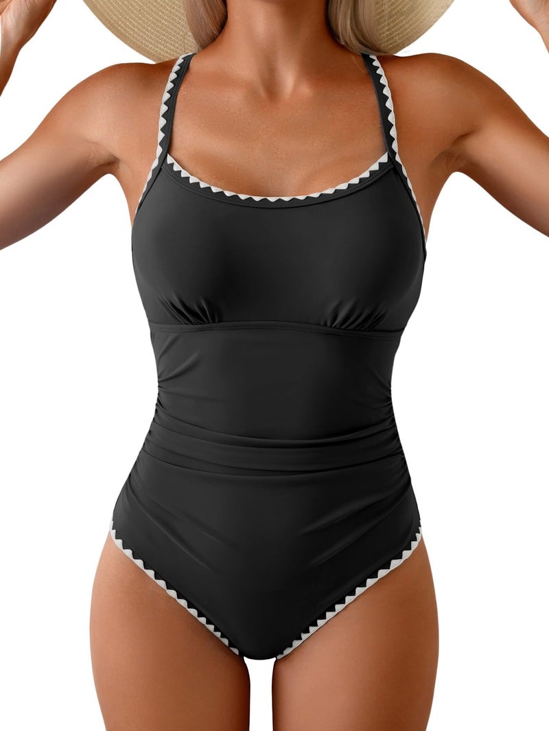 Eomenie Women's One Piece Swimsuit Tummy Control Slimming Bathing Suit Ruched Swimwear Tie Back Shell Stitch Swim Suit Black White - Image 5