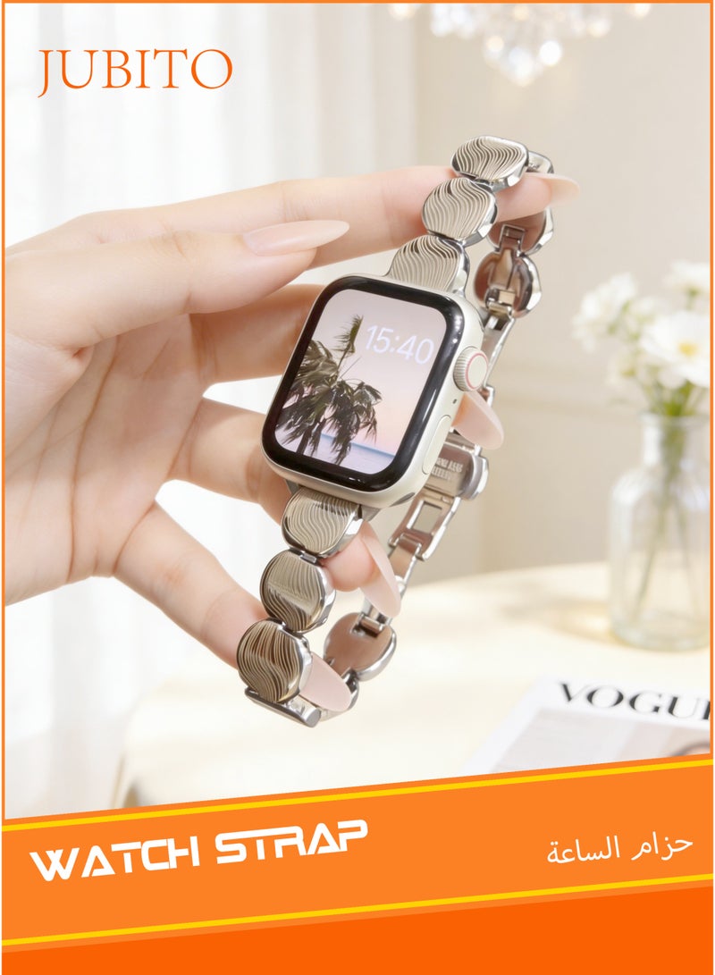 JUBITO watch strap, 42mm, for women, silver metallic oval band, for Apple iWatch S10/11 (Starlight color) - Image 1