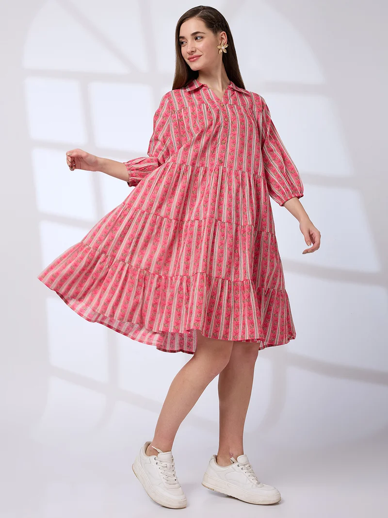 globus Women Shirt Collar Regular Sleeves Floral Print A-Line Tiered Work Wear Dress