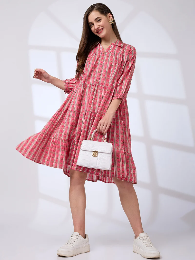globus Women Shirt Collar Regular Sleeves Floral Print A-Line Tiered Work Wear Dress