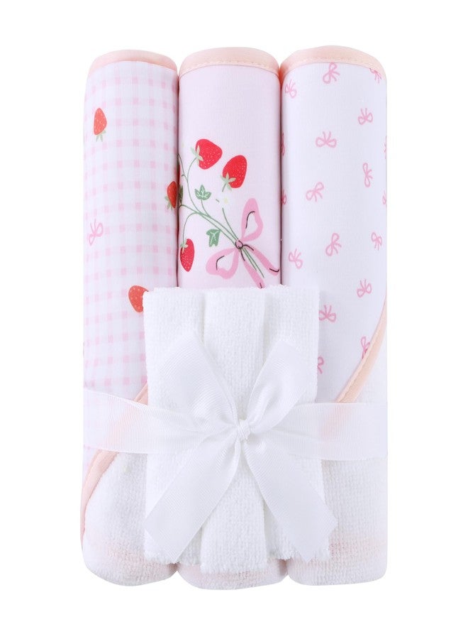 Mooreeke Baby Towel with Hood for Girls Strawberry Bath Towel for Babies Ultra Soft Absorbent 3 PCS Baby Towels and 3 PCS Washcloths for Newborn Essentials
