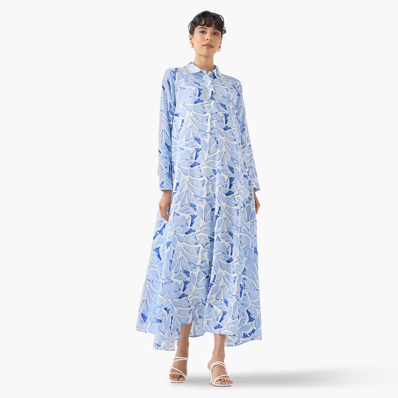Iconic Iconic Printed Trapeze Maxi Dress with Collar and Long Sleeves