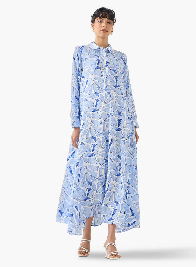 ايكونيك فستان ماكسي أيقوني بطبعة وياقة وأكمام طويلة