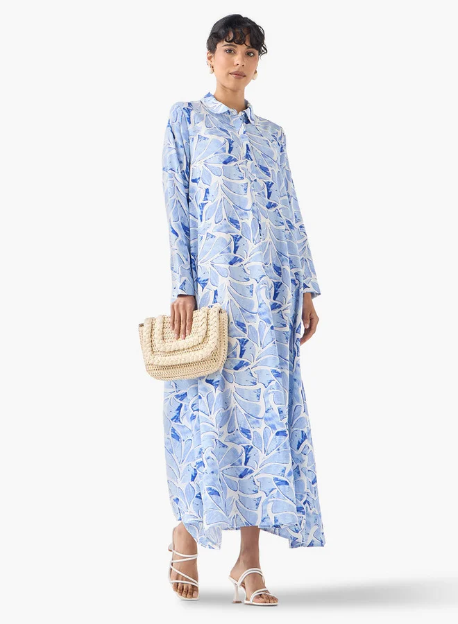 ايكونيك فستان ماكسي أيقوني بطبعة وياقة وأكمام طويلة