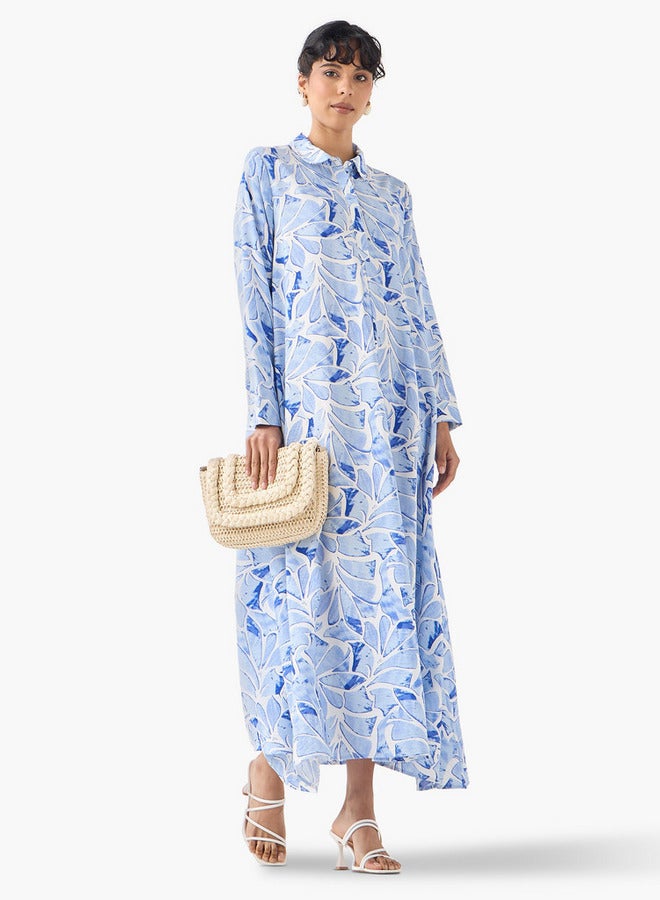 ايكونيك فستان ماكسي أيقوني بطبعة وياقة وأكمام طويلة - Image 1