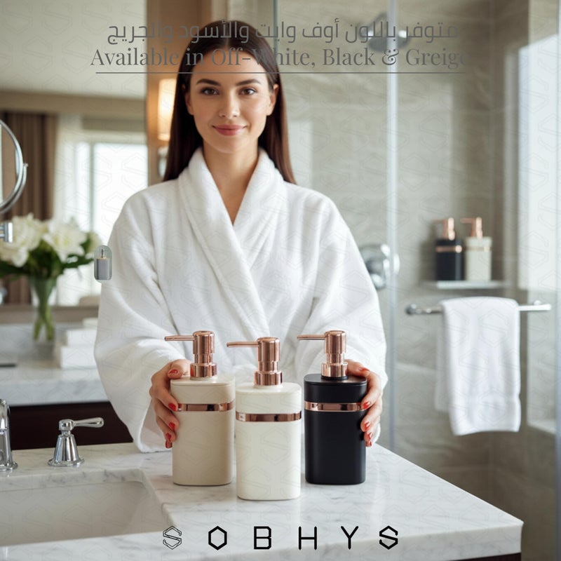 SOBHYS Modern Soap Dispenser with Rose Gold Pump, Off-White, Greige and Black Plastic, 11cm Height, Premium Bathroom Kitchen Accessory - SOBHYS (Greige) - Image 3
