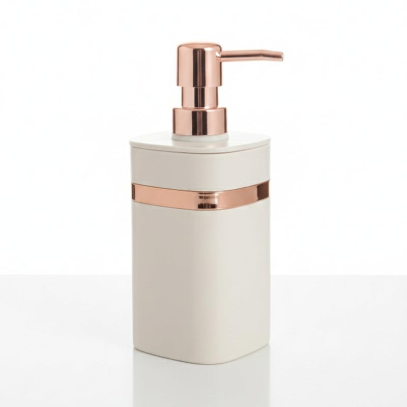 SOBHYS Modern Soap Dispenser with Rose Gold Pump, Off-White, Greige and Black Plastic, 11cm Height, Premium Bathroom Kitchen Accessory - SOBHYS (Greige) - Image 1