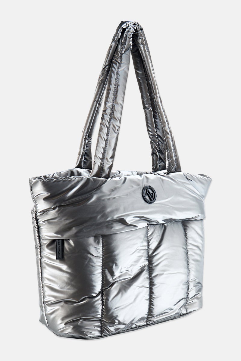 ADRIENNE VITTADINI حقيبة توت بشعار العلامة التجارية للنساء، فضية - Image 3