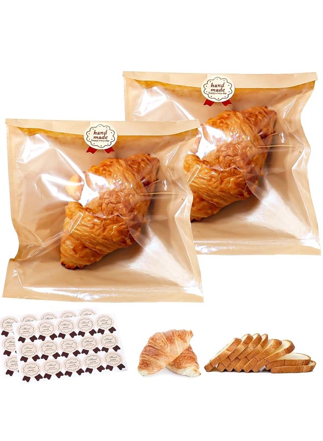 عبوة من 100 كيس ورقي للخبز، أكياس مخبوزات قابلة للإغلاق الحراري مع نافذة أمامية شفافة وملصقات لاصقة للمخبوزات والبسكويت والساندويتشات والحلوى - Image 1