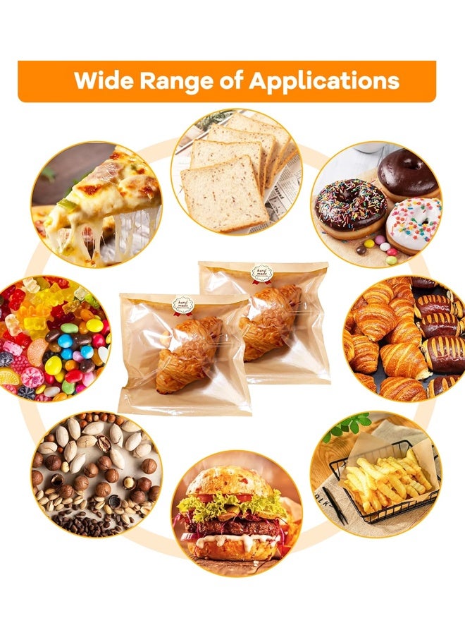 عبوة من 100 كيس ورقي للخبز، أكياس مخبوزات قابلة للإغلاق الحراري مع نافذة أمامية شفافة وملصقات لاصقة للمخبوزات والبسكويت والساندويتشات والحلوى - Image 5