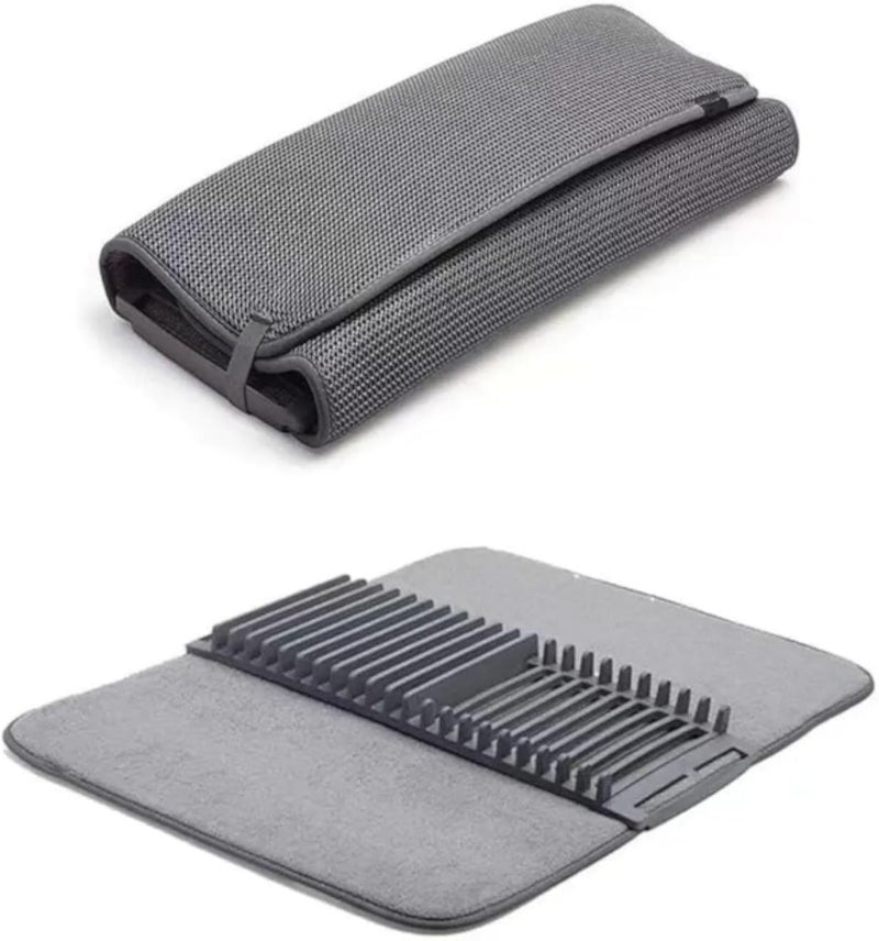 رف تجفيف الأطباق مع حصيرة تجفيف للمطبخ، رمادي، مع حامل مناشف ورف للأواني