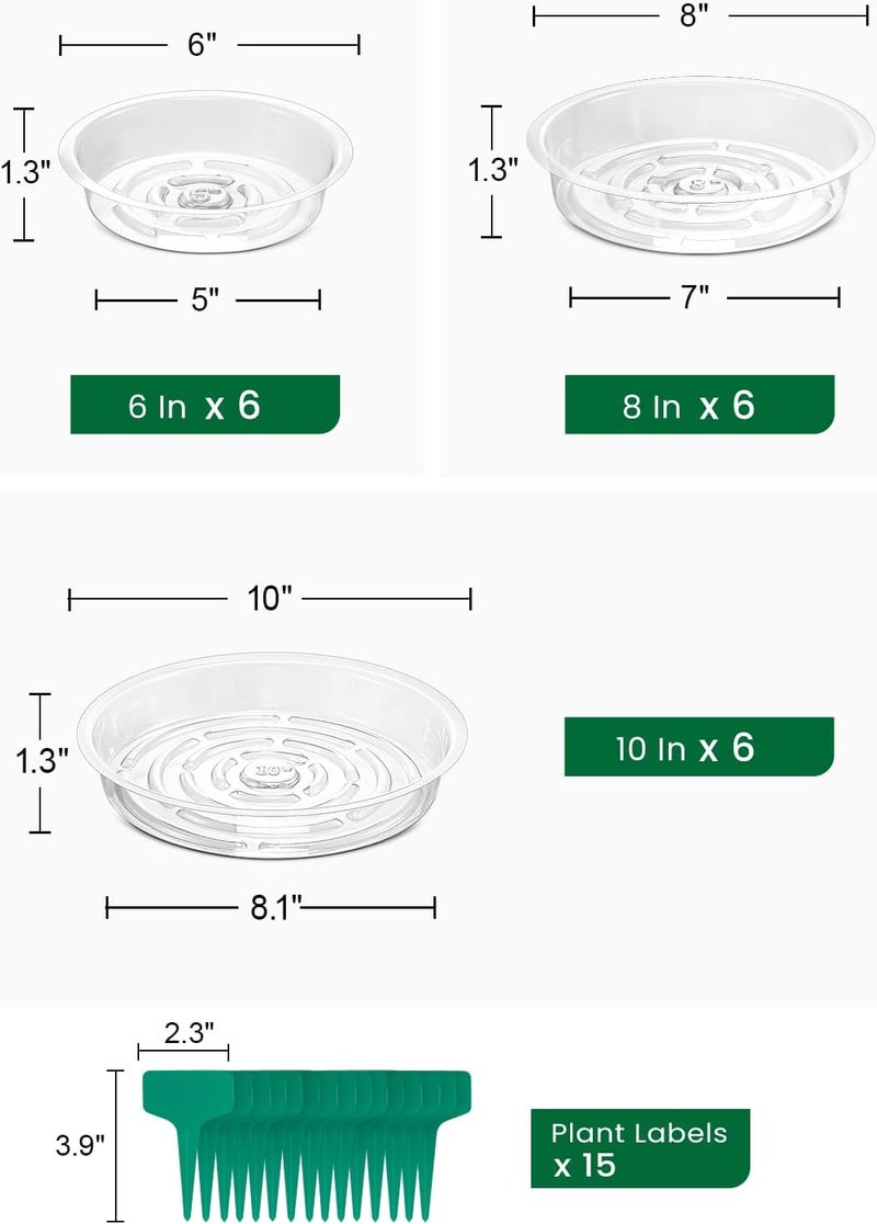 GROWNEER 15 Pack of 6, 8, 10 Inches Clear Plant Saucers Flower Pot Trays, with 15 Pcs Plant Labels, Plastic Plant Drip Trays for Indoor Outdoor Plants Garden, 5pcs of Each Size - Image 2