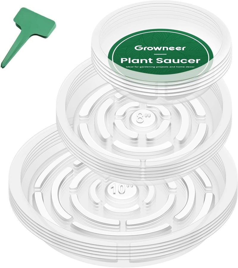 GROWNEER 15 Pack of 6, 8, 10 Inches Clear Plant Saucers Flower Pot Trays, with 15 Pcs Plant Labels, Plastic Plant Drip Trays for Indoor Outdoor Plants Garden, 5pcs of Each Size - Image 1