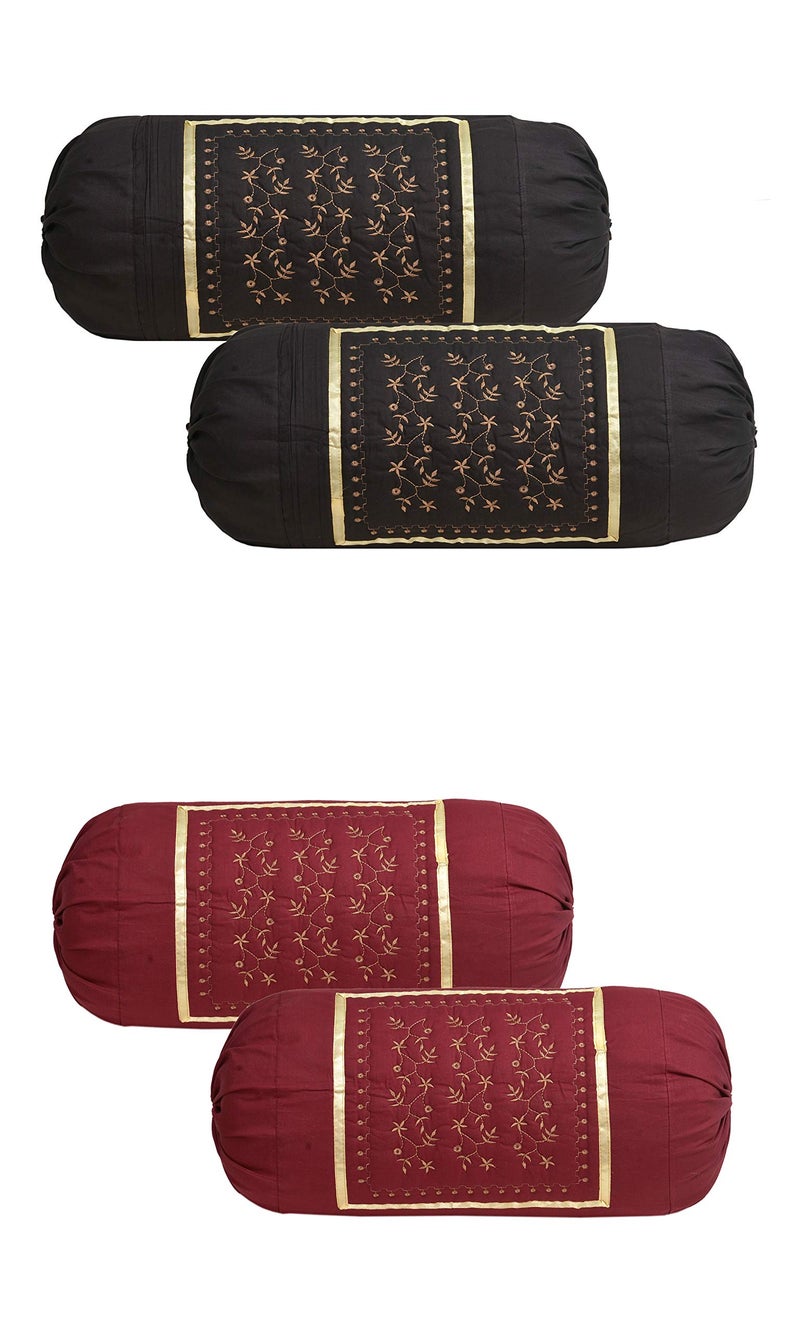 HSR Collection Cotton Bolster Round Side Pillow Covers (Pack of 4, Coffee & Maroon) - Image 5
