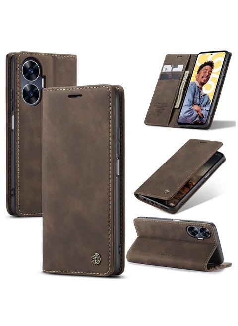 CaseMe Realme C55 Wallet Case Book Folding Flip Folio Case with Magnetic Kickstand Card Slots Protective Cover - Coffee
