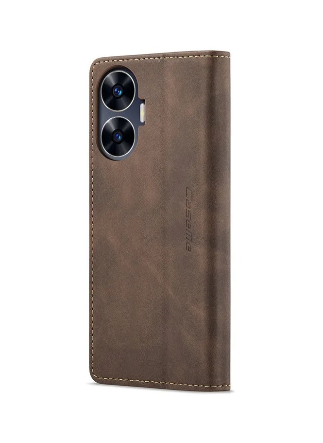 CaseMe Realme C55 Wallet Case Book Folding Flip Folio Case with Magnetic Kickstand Card Slots Protective Cover - Coffee