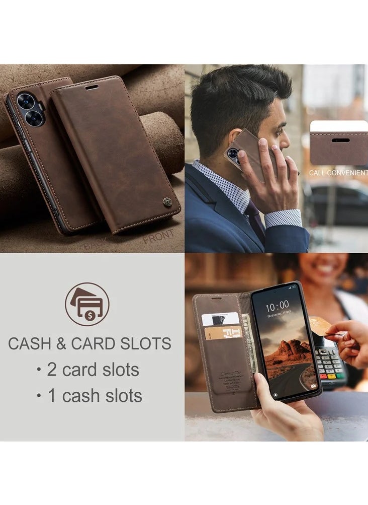 CaseMe Realme C55 Wallet Case Book Folding Flip Folio Case with Magnetic Kickstand Card Slots Protective Cover - Coffee